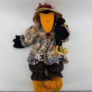 Vintage Primitive Mother Crow Doll w/ Baby 17" Straw Hat Folk Art Country Décor